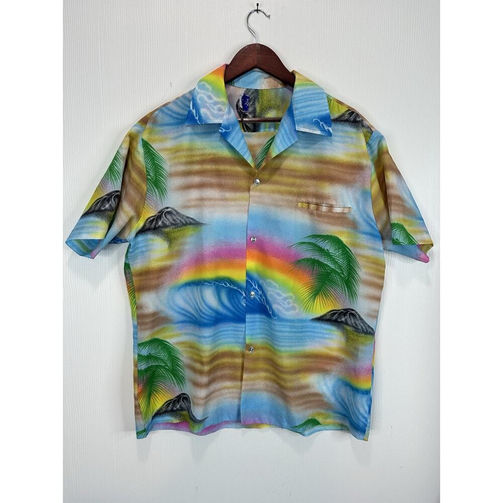 Vintage Kai Nani Hawaiian Shirt Sunset Volcano Rainbow Wave Made in Hawaii
